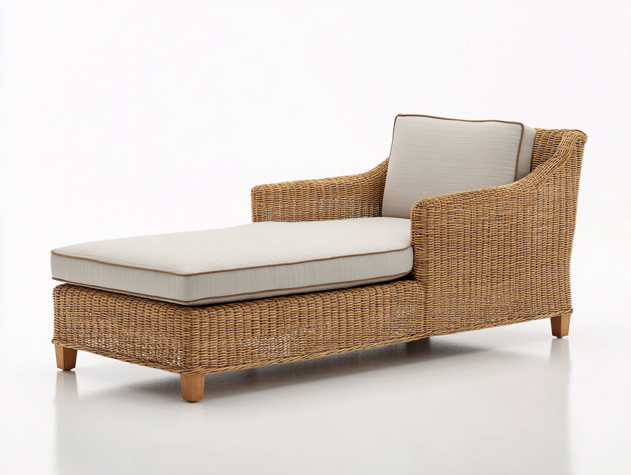Lettino prendisole-Rattan-Tessuto-Legno-186x80x82 cm-Miele naturale-Crema-Stile mediterraneo