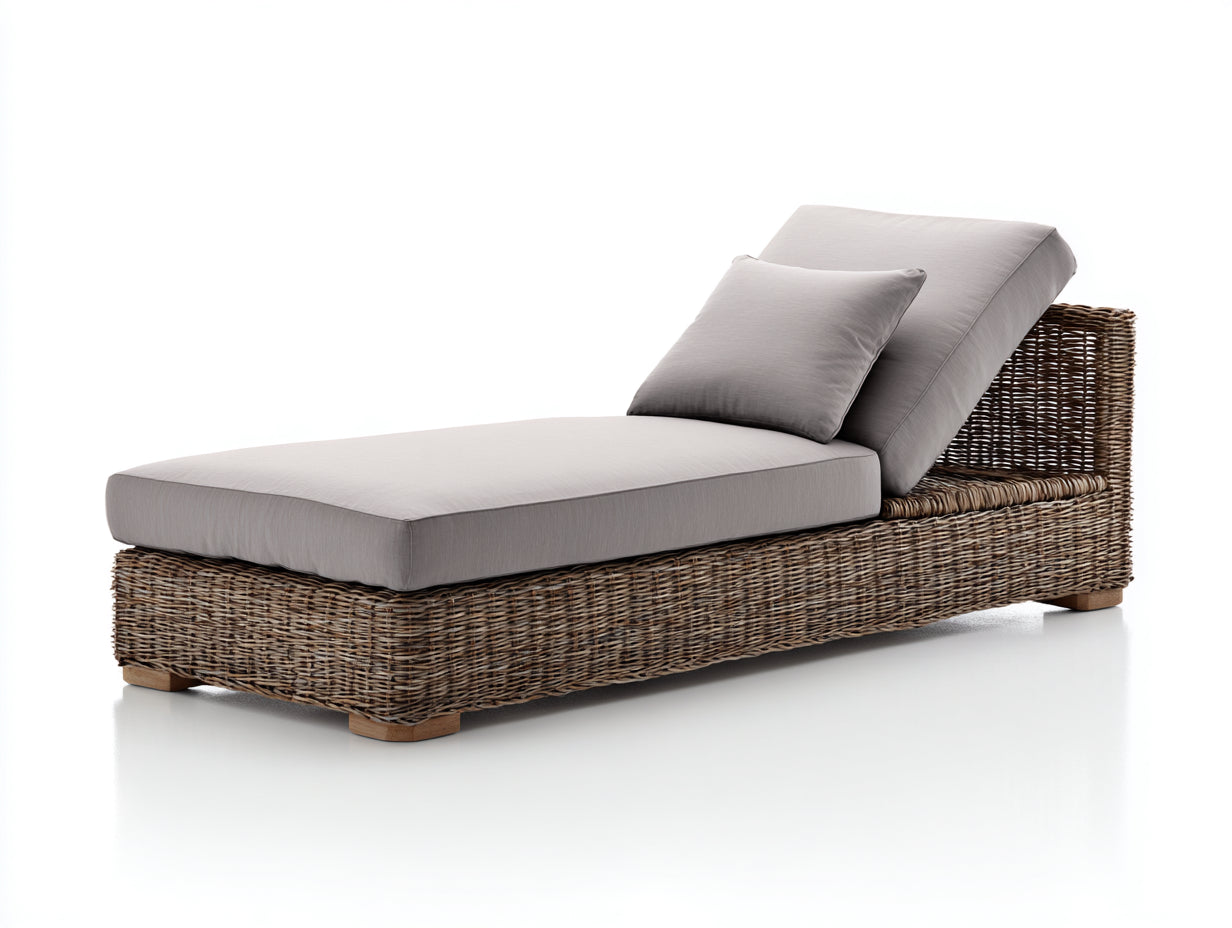 Lettino prendisole-Rattan-Tessuto-Legno-192x80x76 cm-Marrone naturale-Grigio chiaro-Stile rustico