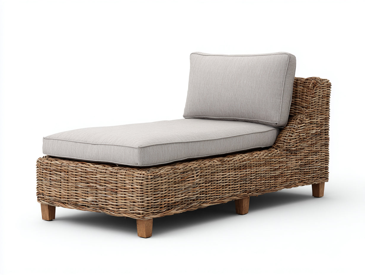 Lettino prendisole-Rattan-Tessuto-Legno-180x79x78 cm-Marrone naturale-Grigio chiaro-Stile naturale