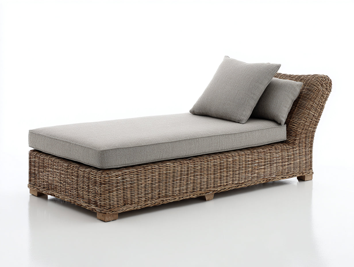 Lettino prendisole-Rattan-Tessuto-Legno-195x81x83 cm-Marrone naturale-Grigio tortora-Stile costiero
