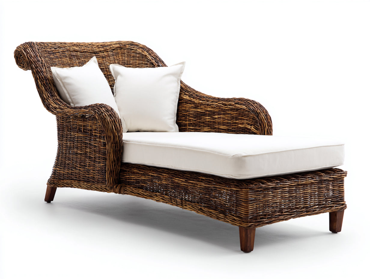 Lettino prendisole - rattan-tessuto-legno - 178x76x86cm - marrone intrecciato-avorio - boho