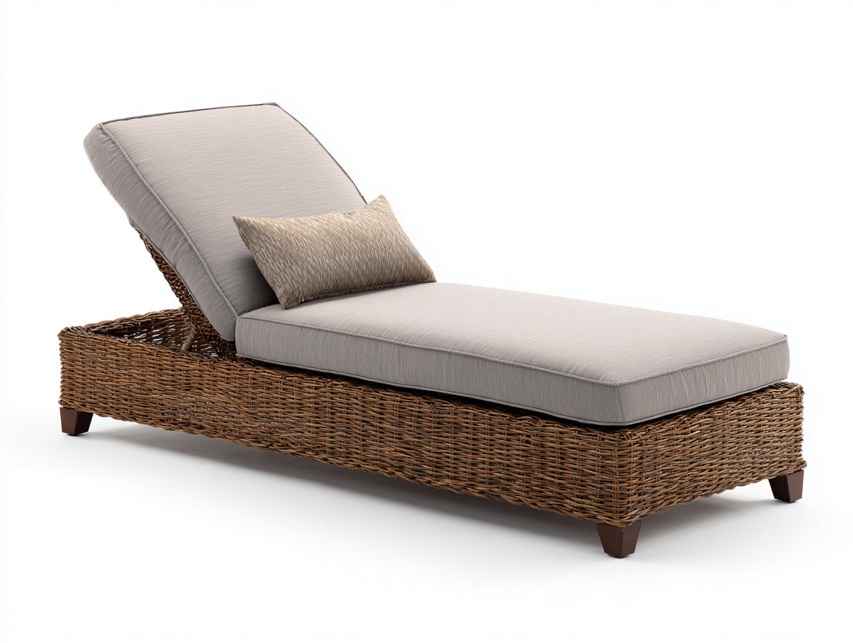 Lettino prendisole-Rattan-Tessuto-Legno-194x78x79 cm-Marrone naturale-Beige-Stile rustico