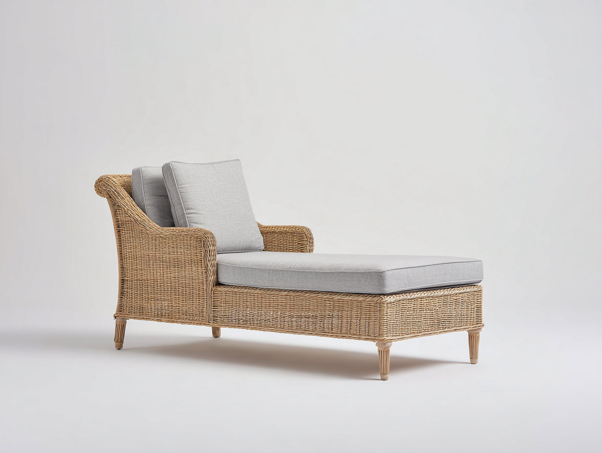 Lettino prendisole-Rattan-Tessuto-Legno-176x82x81 cm-Miele naturale-Grigio chiaro-Stile classico