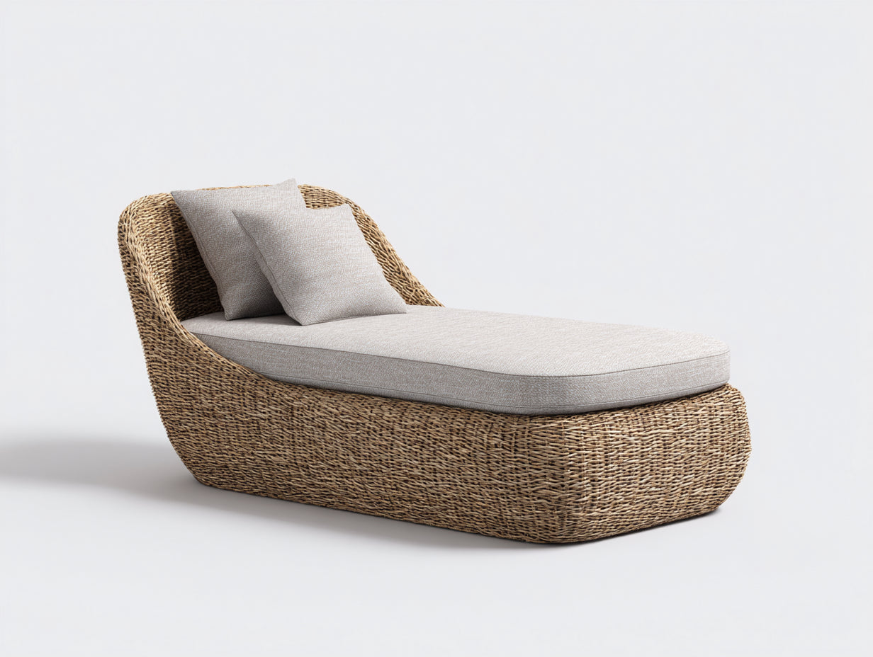 Lettino prendisole-Rattan-Tessuto-178x84x82 cm-Marrone naturale-Beige-Stile organico