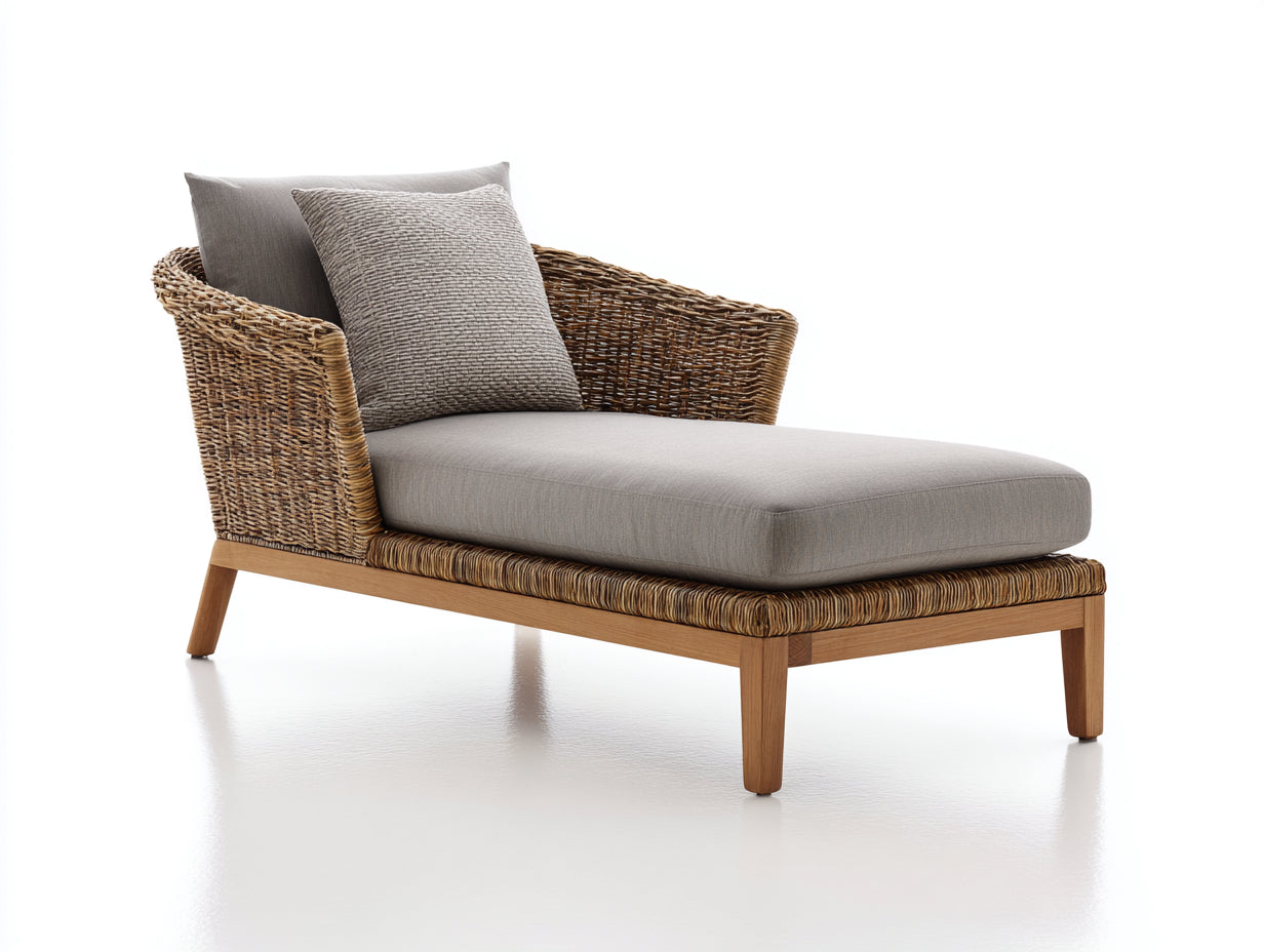 Lettino prendisole-Rattan-Tessuto-Legno-172x86x76 cm-Marrone miele-Grigio tortora-Stile contemporaneo