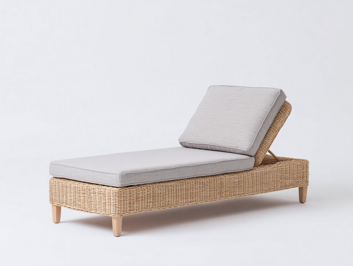 Lettino prendisole-Rattan-Tessuto-Legno-192x76x73 cm-Naturale-Grigio chiaro-Stile minimalista